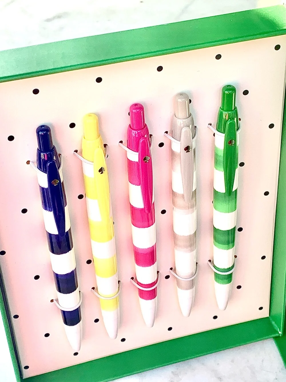 KATE SPADE NEW YORK RUGBY STRIPE PEN SET 5 Navy, Yellow, Pink, Gray, Green NIB